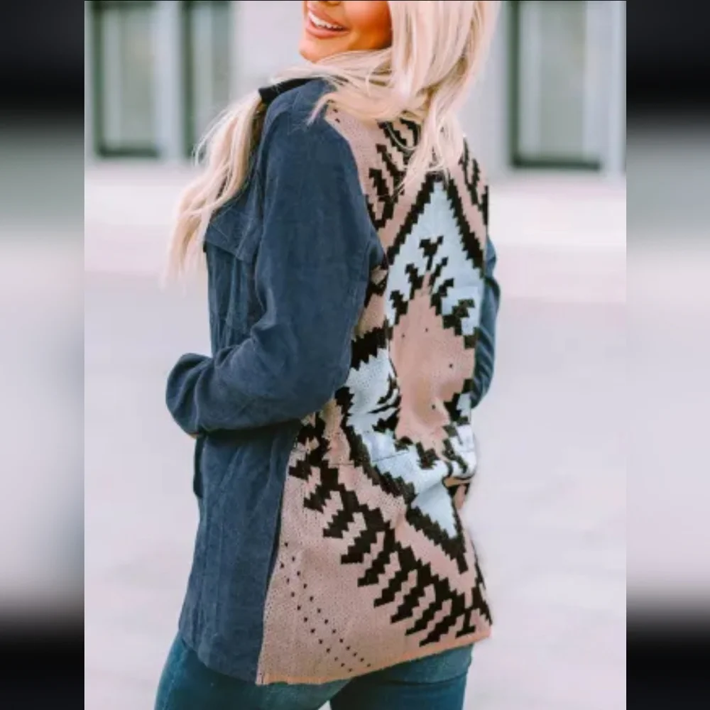 New Blue corduroy Aztec back jacket - Picture 3 of 17